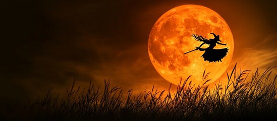 Halloween witch silhouette flying on a broom near a large orange moon over tall grass.