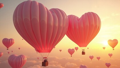 Fototapeta premium Heart-shaped hot air balloons floating at sunset, romantic sky, Valentine's Day concept