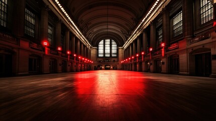Wall Street turmoil, empty trading floor illuminated by red lights, an atmosphere of chaos and uncertainty pervades the scene