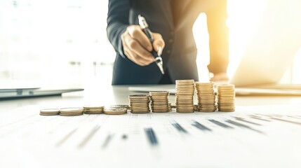 Empowered Consultation, Professional woman advising client on risk management in a sleek office, fostering secure financial planning strategies