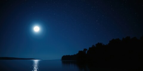 Serene Nighttime Landscape Featuring a Full Moon Over Dark Silhouetted Trees and a Calm Body of Water