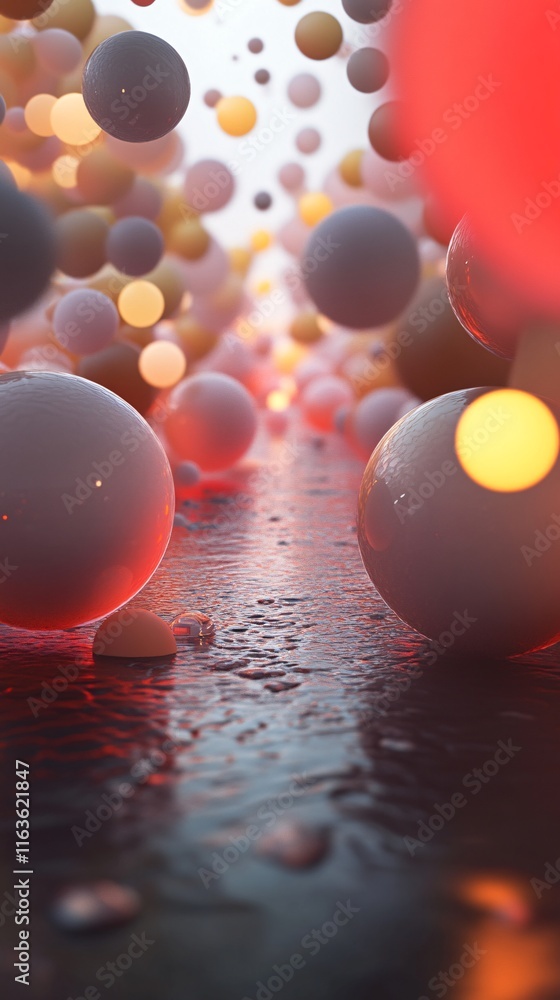 Poster a captivating close-up of colorful spheres reflected on a wet surface, creating an enchanting and dr