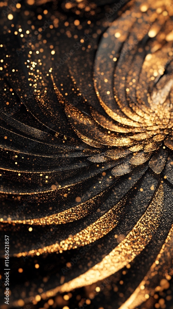 Poster a mesmerizing swirl of golden particles on a dark background, creating a dynamic and elegant texture