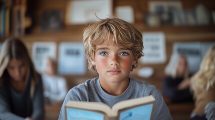 Focused young boy reading in a classroom setting surrounded by peers