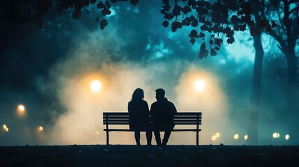 Obraz premium Couple Enjoying Twilight in Urban Park, serene moment on a bench, soft glow of street lights, peaceful evening ambiance.