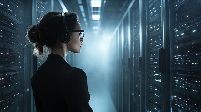 Woman with headset managing data center operations, advanced holographic interfaces, cutting-edge digital monitoring technology