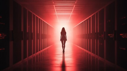 Young woman engaged in data analysis within a cutting-edge server room, showcasing advanced technology management and operations expertise