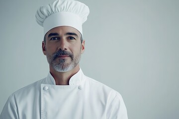 cinematic golden ratio portrait of chef in pristine white chef jacket and toque positioned dynamically according to