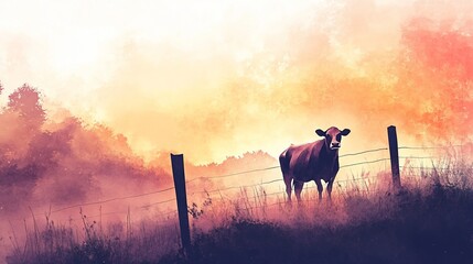 Naklejka premium A solitary brown cow stands in a misty field at sunset, framed by a rustic fence.
