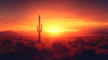 Sunset desert landscape; lone cactus silhouetted.
