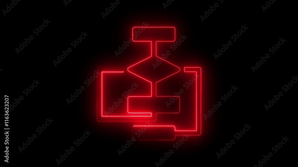 Poster neon flowchart icon on black background in red color.4k motion video.