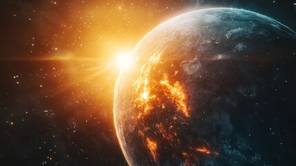 Fiery sunrise over a planet in space.