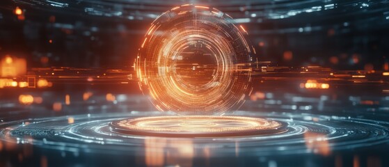 Futuristic orange sphere hovering above a circular platform with glowing lines and bokeh effect.