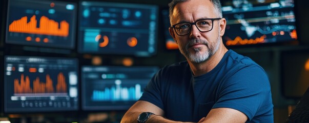 Confident Middle-Aged Man in a Tech-Driven Office Environment, Surrounded by Data Visualizations on Multiple Screens