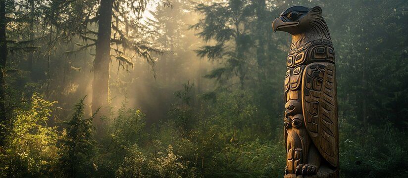 Wooden totem pole of an eagle in a misty forest.