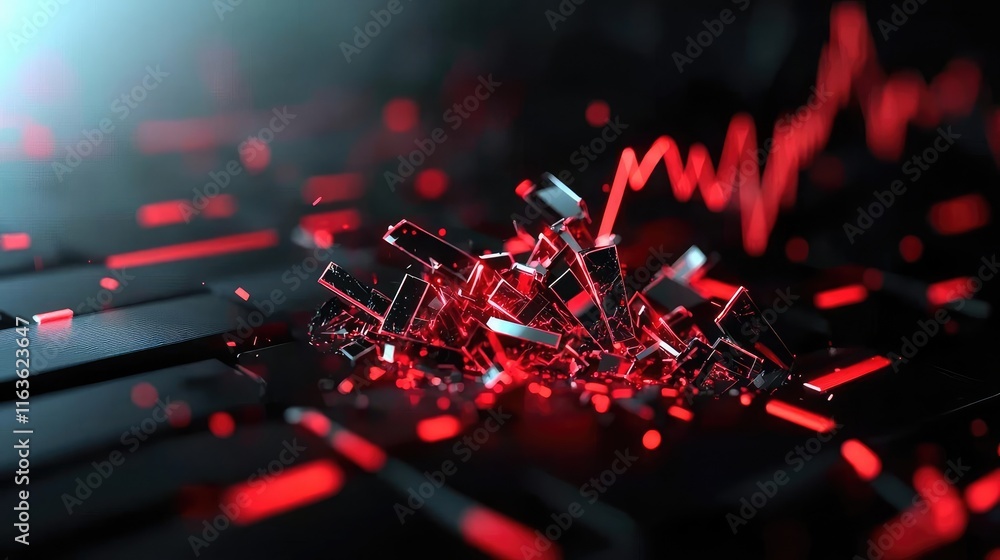 Poster crash market concept. abstract digital design featuring red light on a keyboard with crystal shards.