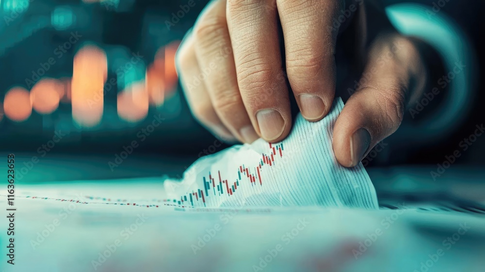 Poster crash market concept. a close-up of a hand analyzing financial data with charts and graphs.