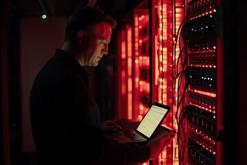Caucasian IT specialist managing data transfer on laptop in a server room with rack cabinets
