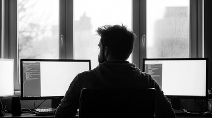 Focused Coder in Tech Office with Dual Screens
