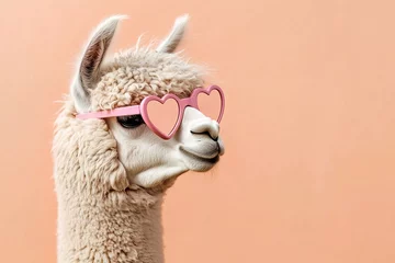 Fototapete Rund close-up cute white fluffy lama wearing pink heart shaped glasses on peach background with copy space © Маргарита Вайс