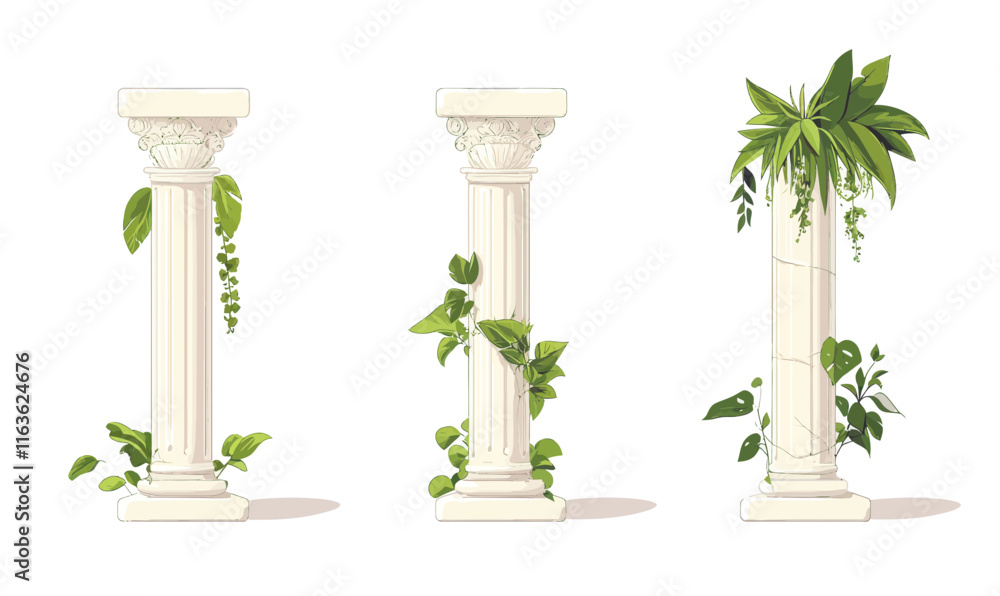 Poster classic roman greek columns with greenery - minimalist vector architecture set