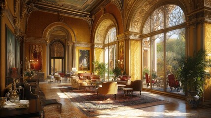 Fototapeta premium Sunlit opulent palace hall with antique furniture, arched windows, and ornate decor.