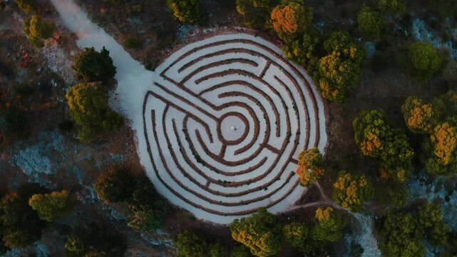 Top view of circular labyrinth surrounded by lush greenery. Hedge maze among forest trees at sunset. Lavender labyrinth in Rogoznica, Croatia