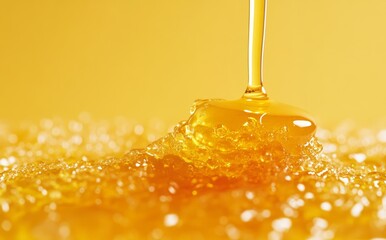 Honey dripping from a honey stick against a yellow background, high-resolution photography for food, nature, and still life concepts