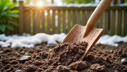 Shovel digging soil in garden at sunrise