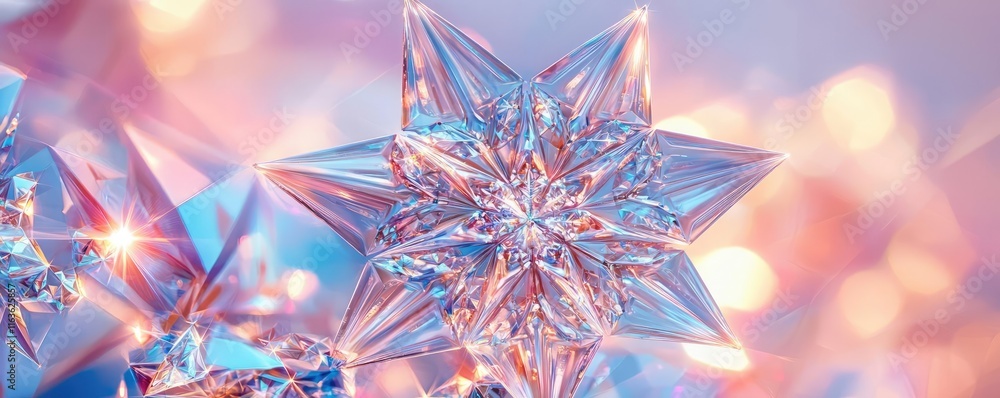 Poster snowflake abstract background idea. a shimmering crystal star ornament reflecting light in a colorfu