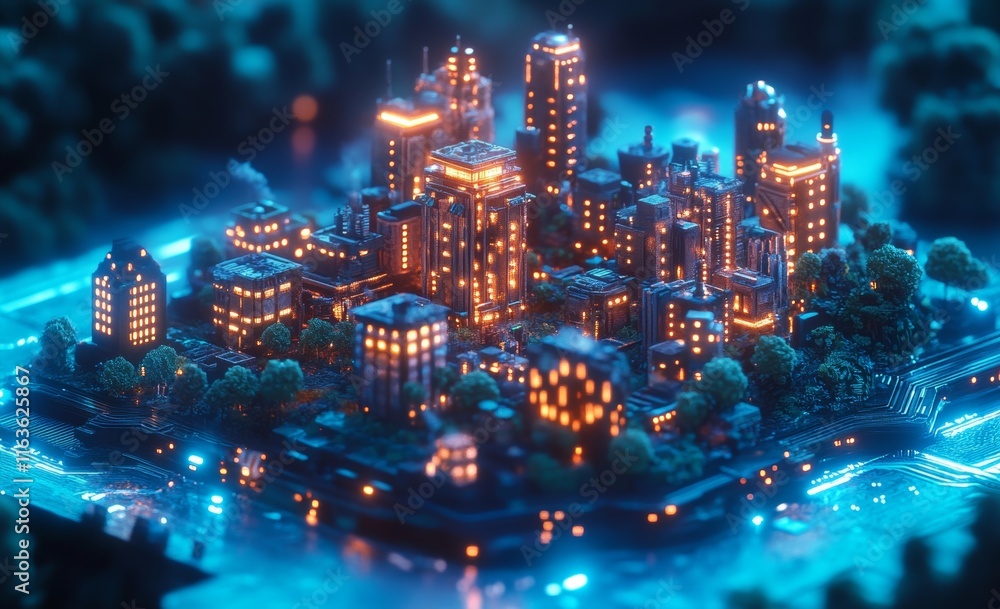 Poster futuristic cityscape built on a computer chip with blue glow, potential usecase for tech and innovat