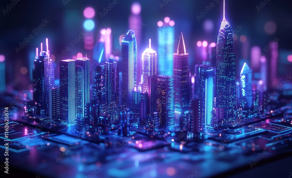 Aufkleber futuristic cityscape built on a computer chip with blue glow, potential usecase for tech and innovat