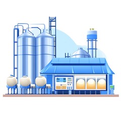 Fototapeta premium Illustration of a modern industrial food processing plant with large silos and control panels.