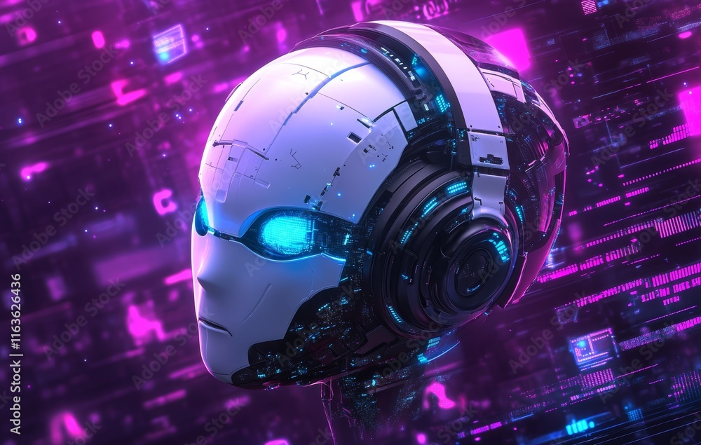 Poster robot head with headphones in digital space, potential usecase for technology and music related conc