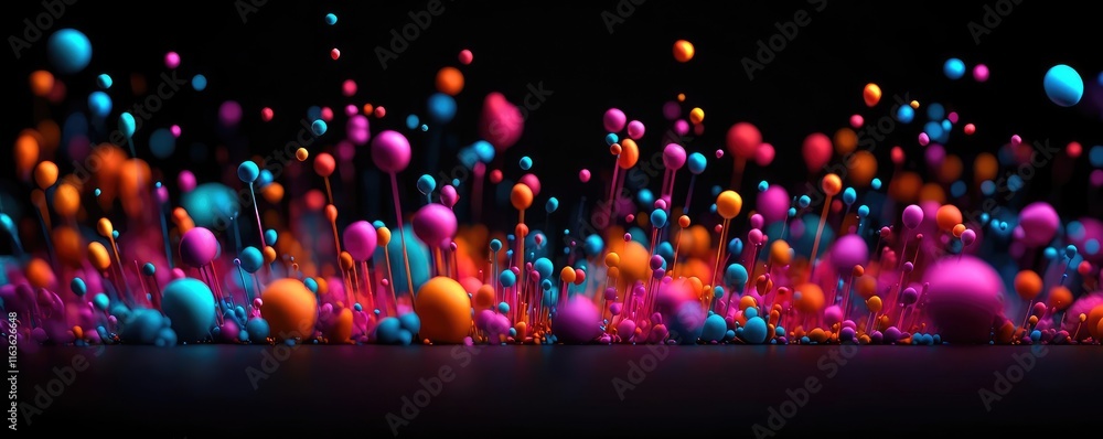 Poster splatter abstract background idea. vibrant colorful spheres in dynamic motion against a dark backdro