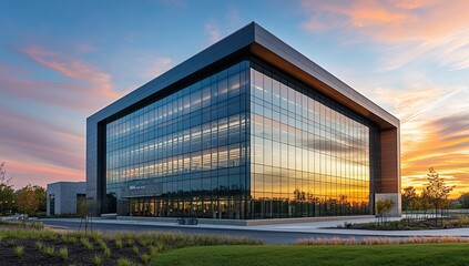 Obraz premium Modern Glass Office Building Reflecting Sunset Sky at Dusk