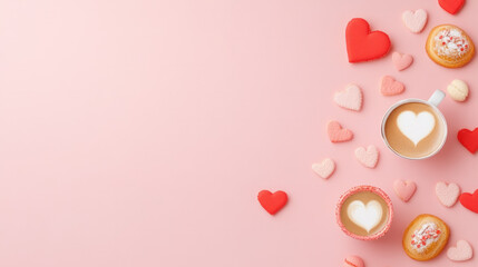 Aesthetic flat lay of coffee with heart latte art, cookies, and red hearts on pink background