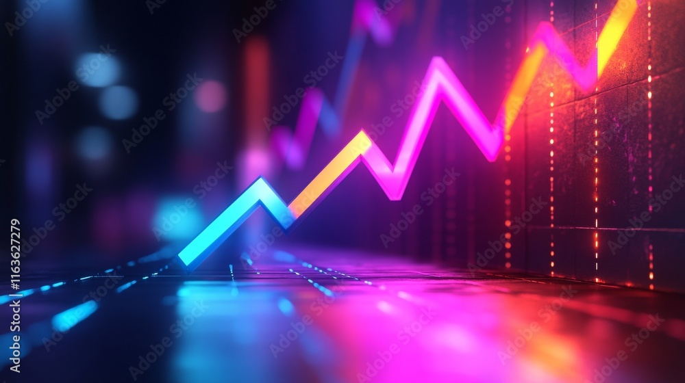 Poster render of a growing graph arrow with bright colors on a dark background - conceptual stock image for