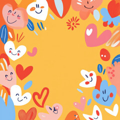 Colorful heart and smiley face illustrations on vibrant yellow background create cheerful and playful design