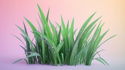 A neatly arranged cluster of spring grass with bold, glossy green hues, with faint water droplets on some blades. 