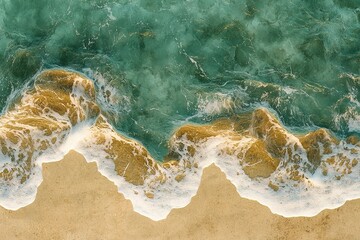 stunning aerial view of pristine beach with golden sand meeting vibrant turquoise ocean waves captured with perfect