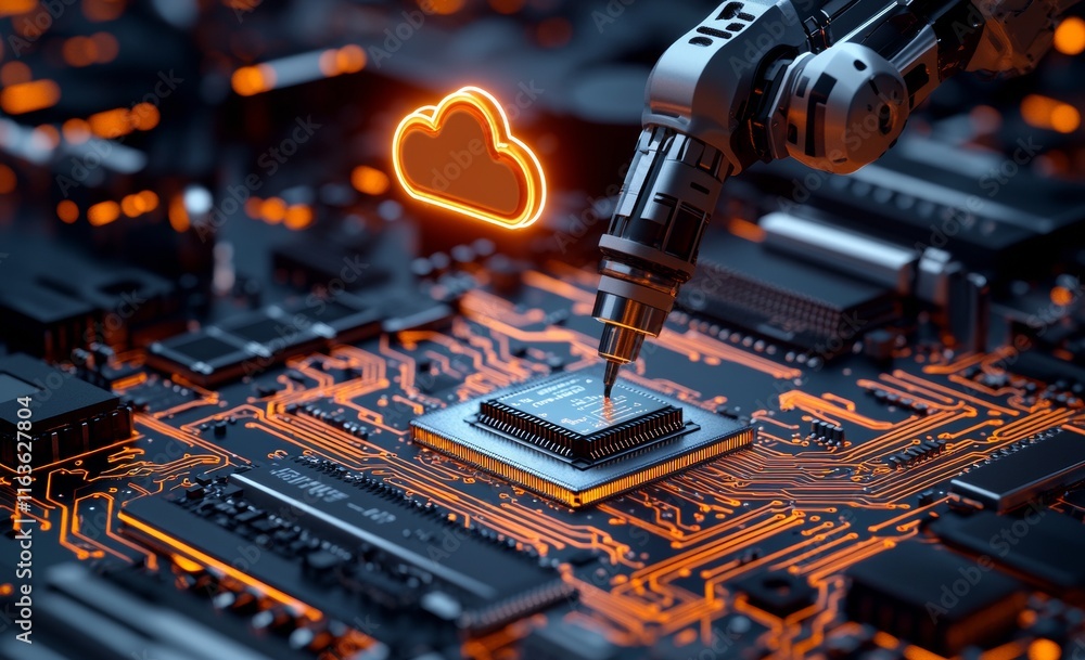 Poster robotic arm working on a chip with a cloud icon against a circuit board background - industrial auto