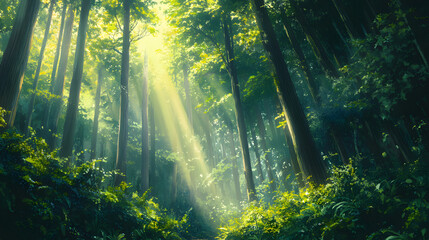 Obraz premium Serene Vertical Forest Setting Bathed in Ethereal Light with Majestic Wooden Trunks Surrounded by Lush Greenery, Invoking Peace and Tranquility