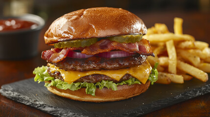 A gourmet burger with a juicy beef patty, melted cheddar, crispy bacon, fresh lettuce, and pickles, served on a brioche bun with golden fries on a slate plate. Perfect for indulgent comfort food.
