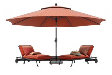 Elegant Outdoor Lounge Set with Sunbeds and Umbrella on transparent background