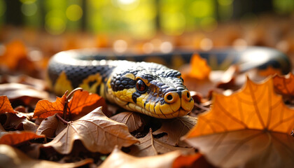 Obraz premium Colorful snake resting among autumn leaves