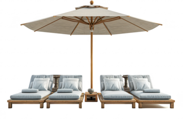 Elegant Outdoor Lounge Set with Sunbeds and Umbrella on transparent background