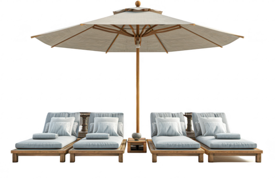 Elegant Outdoor Lounge Set with Sunbeds and Umbrella on transparent background