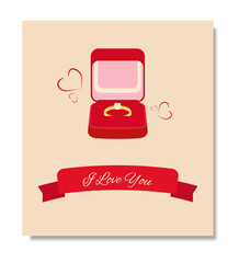 A card with the inscription &ldquo;I love you&rdquo; and a box with a wedding ring on a light background. Banner template. Vector illustration. Flat illustration.