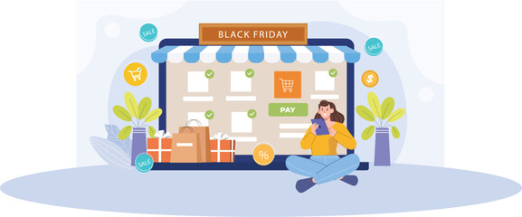 A festive illustration showcasing Black Friday sales, with shopping offers, gift boxes, and vibrant market scenes to boost excitement.